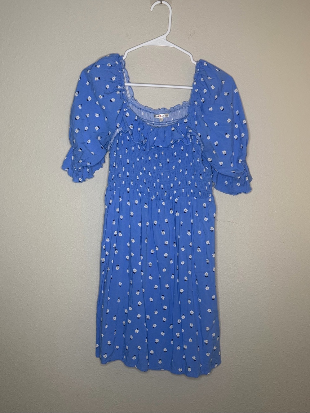 Haven Heart Blue Floral Mini Dress Puff Sleeves Size Petite Large Smocked